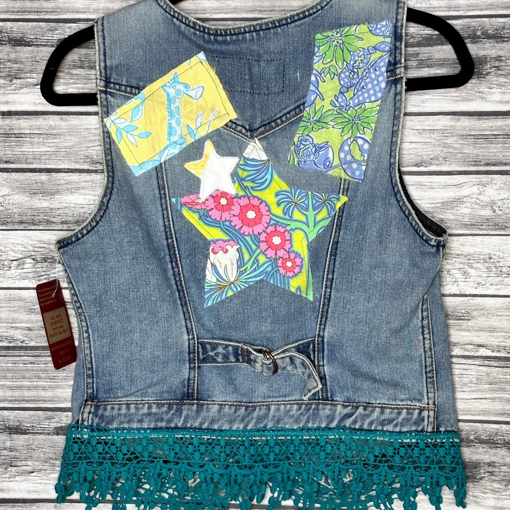 UpCycled Recycled Handmade Reworked Vintage Dyed Lace Denim Vest Gypsy Western